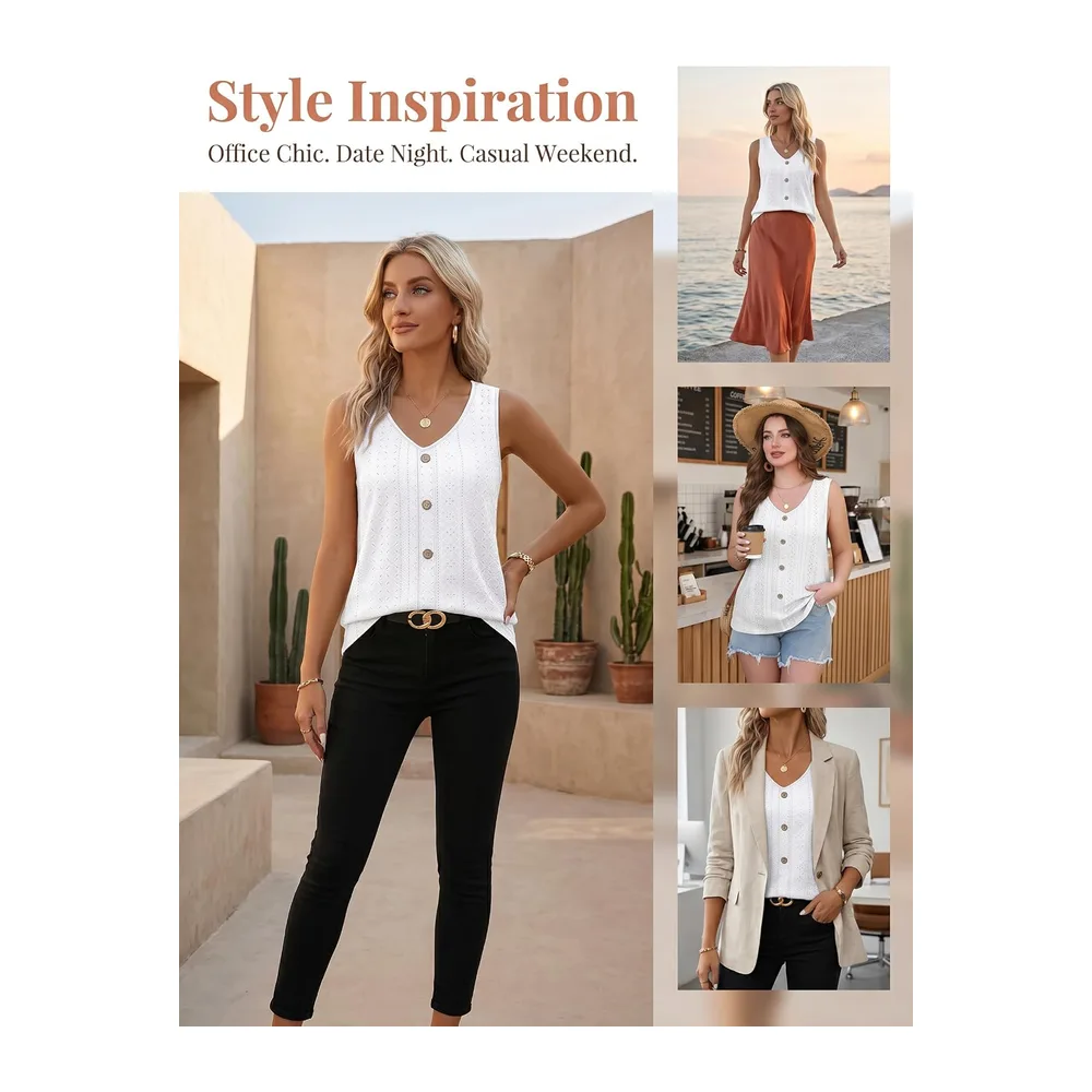 2026 Fashion Summer V Neck Loose Casual Sleeveless Sexy Elegant Embroidered Basic — Beige