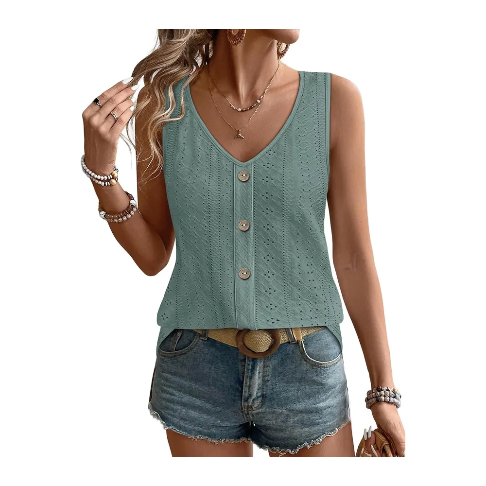 2026 Fashion Summer V Neck Loose Casual Sleeveless Sexy Elegant Embroidered — Vert Sauge
