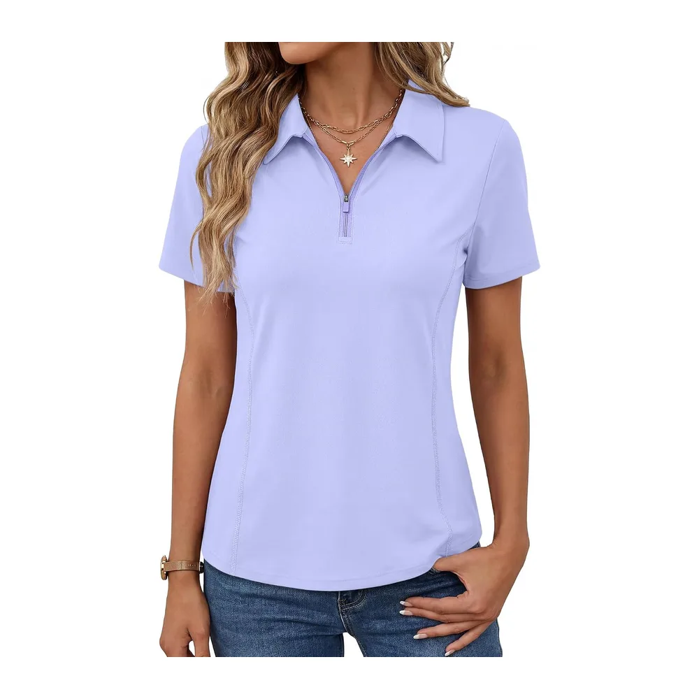 Short Sleeve Sports Polo Shirt Golf Top Tennis Workout Running 1/4 Zip Sportswear — Violet