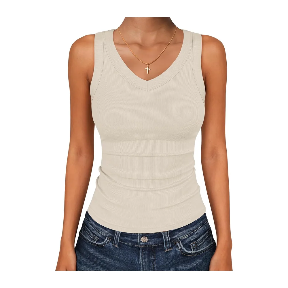 Tank Tops V Neck Ribbed Sleeveless Summer Top — Abricot