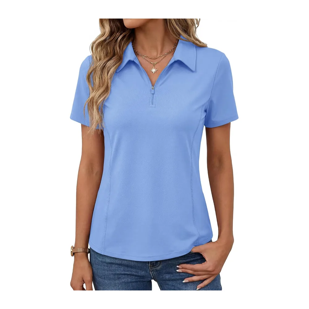 Short Sleeve Sports Polo Shirt Golf Top Tennis Workout Running 1/4 Zip Sportswear — Bleu