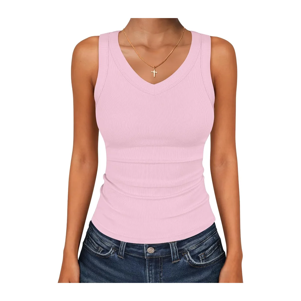 Tank Tops V Neck Ribbed Sleeveless Summer Top — Rose