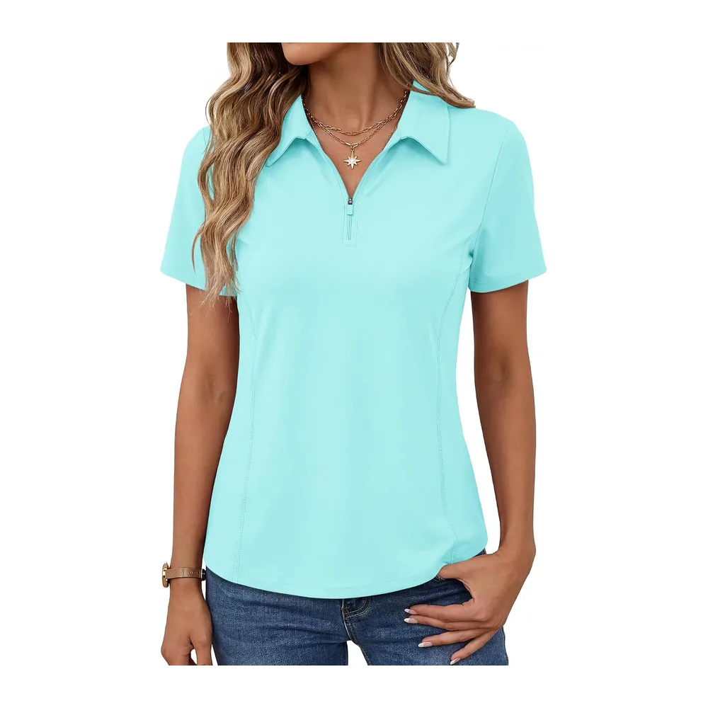 Short Sleeve Sports Polo Shirt Golf Top Tennis Workout Running 1/4 Zip Sportswear — Vert