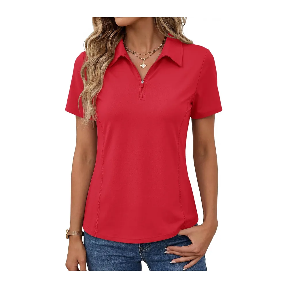 Short Sleeve Sports Polo Shirt Golf Top Tennis Workout Running 1/4 Zip Sportswear — Rouge