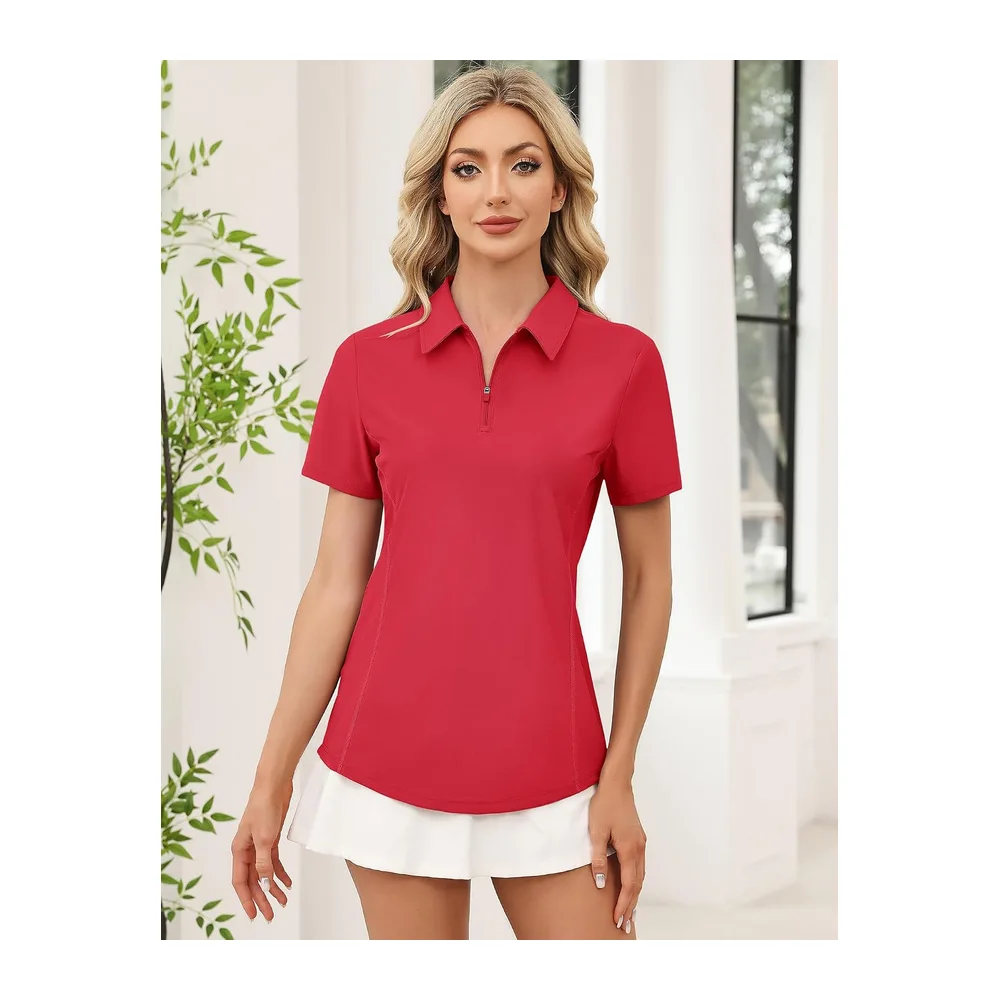 Short Sleeve Sports Polo Shirt Golf Top Tennis Workout Running 1/4 Zip Sportswear — Rouge
