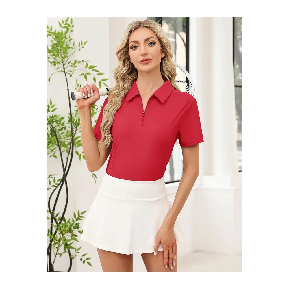 Short Sleeve Sports Polo Shirt Golf Top Tennis Workout Running 1/4 Zip Sportswear — Rouge