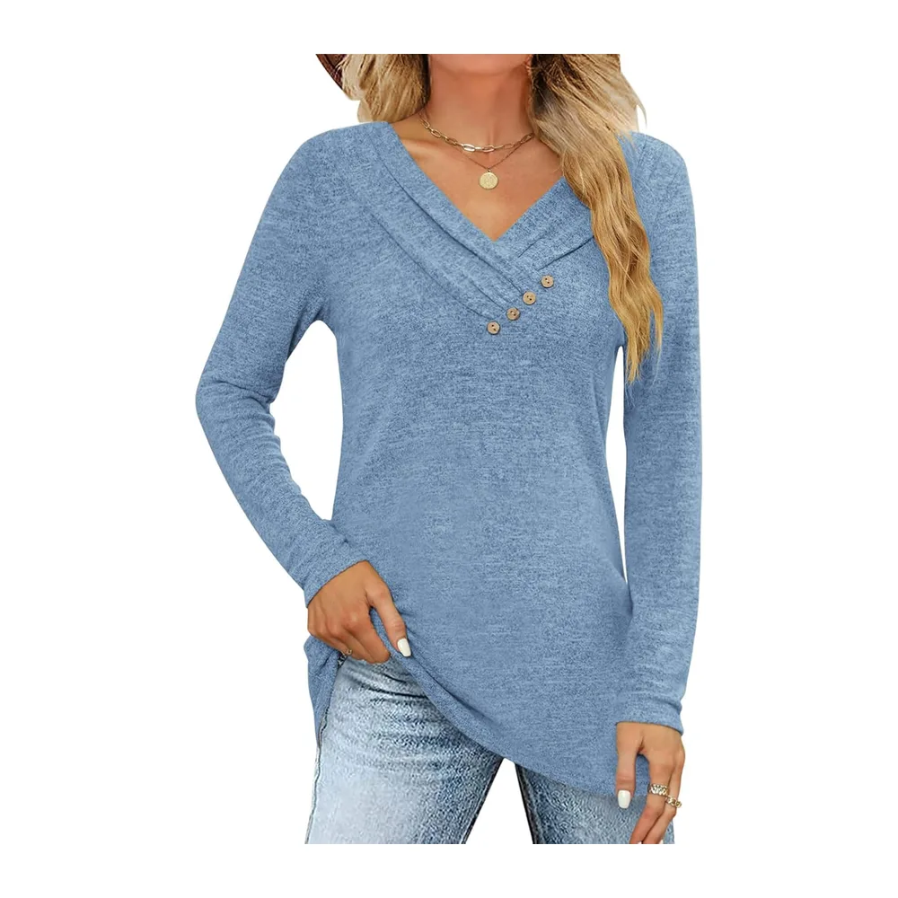 Long Sleeve T Shirt Pullover V Neck Button Down Loose Fall Tunic Tops — Bleu