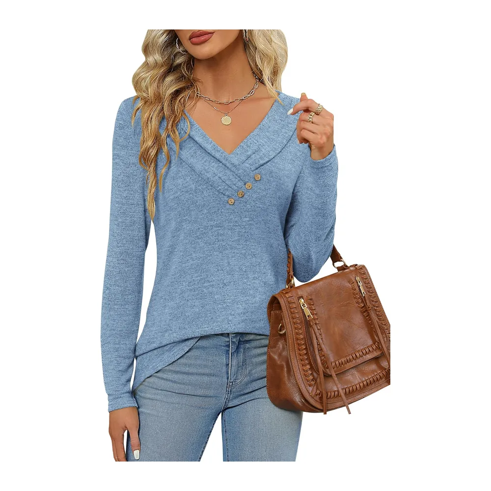 Long Sleeve T Shirt Pullover V Neck Button Down Loose Fall Tunic Tops — Bleu