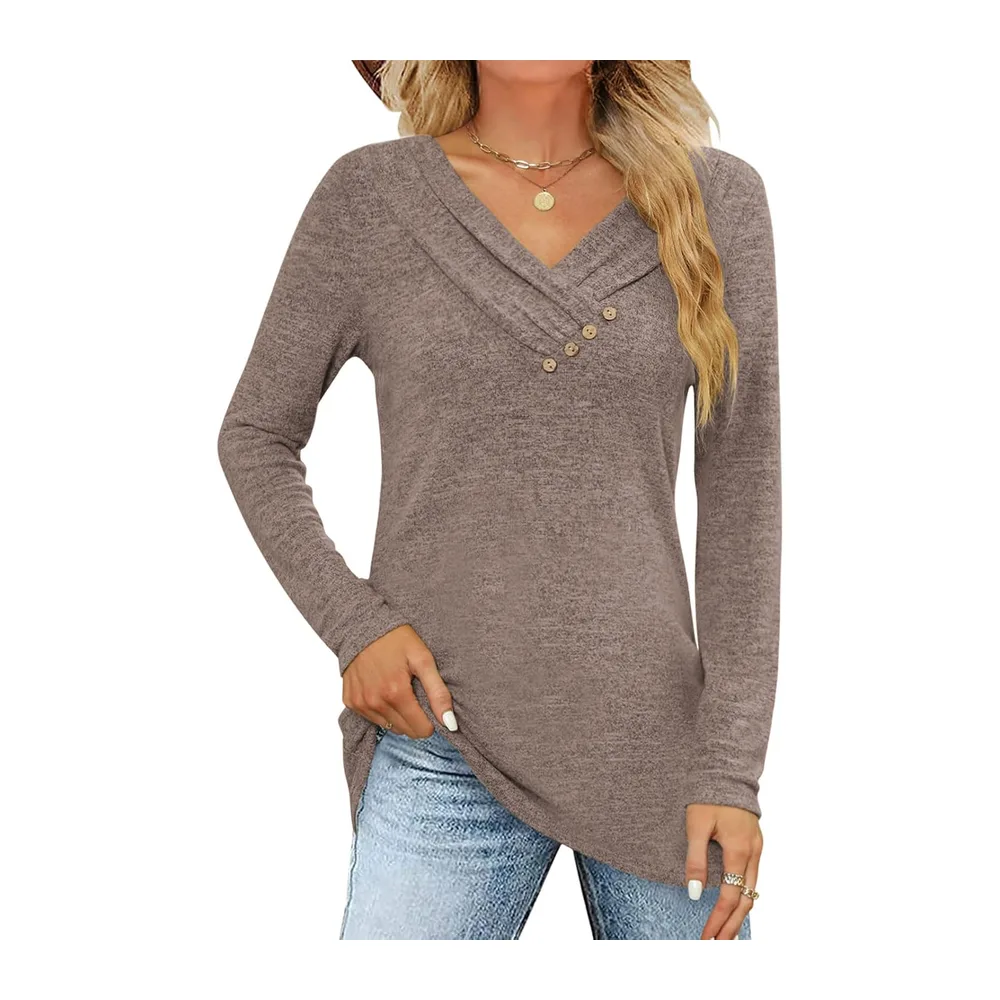 Long Sleeve T Shirt Pullover V Neck Button Down Loose Fall Tunic Tops — Café