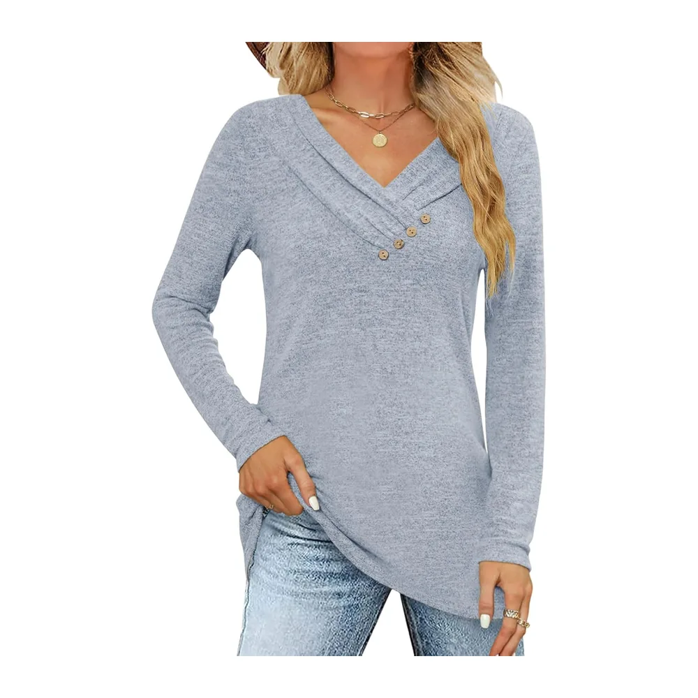 Long Sleeve T Shirt Pullover V Neck Button Down Loose Fall Tunic Tops — Bleu Clair
