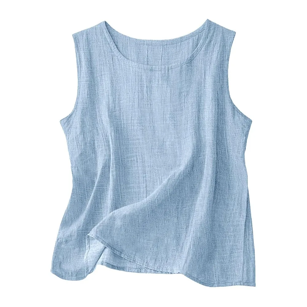 2026 Linen Tops Round Neck Linen Tank Tops Tops Vacation Beach Tops — Bleu Ciel