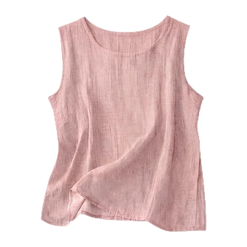 2026 Linen Tops Round Neck Linen Tank Tops Tops Vacation Beach Tops Sleeveless Tops — Rose