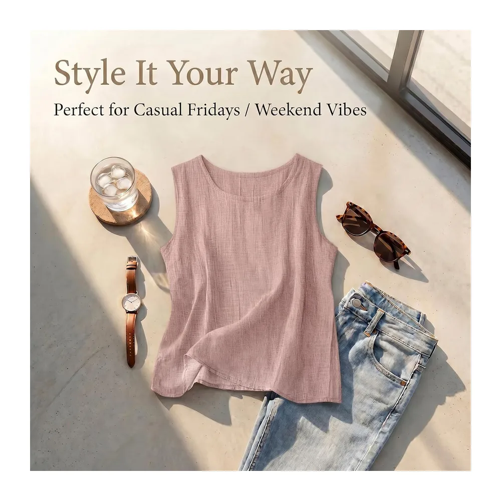 2026 Linen Tops Round Neck Linen Tank Tops Tops Vacation Beach Tops Sleeveless Tops — Rose