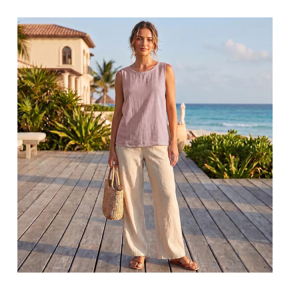 2026 Linen Tops Round Neck Linen Tank Tops Tops Vacation Beach Tops Sleeveless Tops — Rose