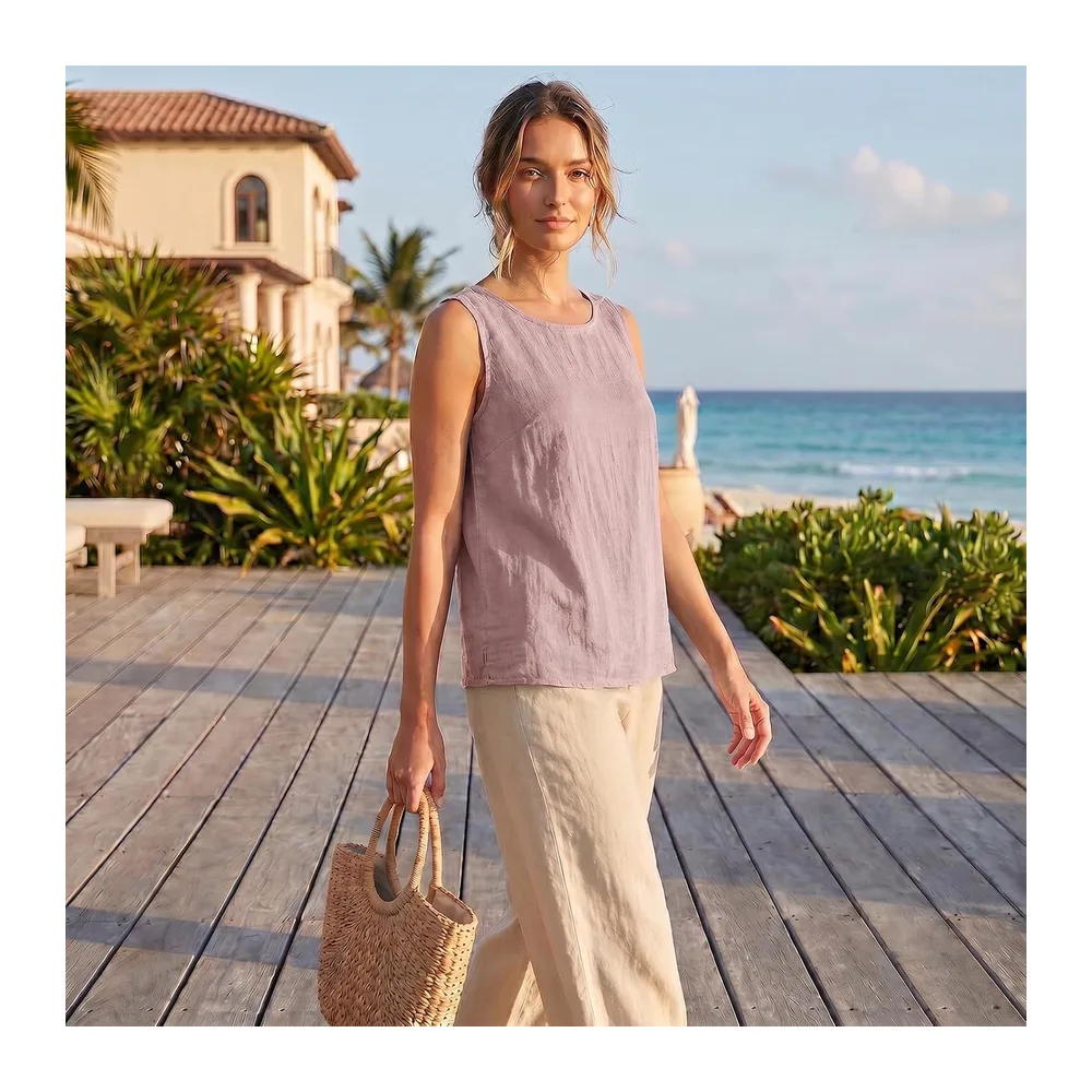 2026 Linen Tops Round Neck Linen Tank Tops Tops Vacation Beach Tops Sleeveless Tops — Rose