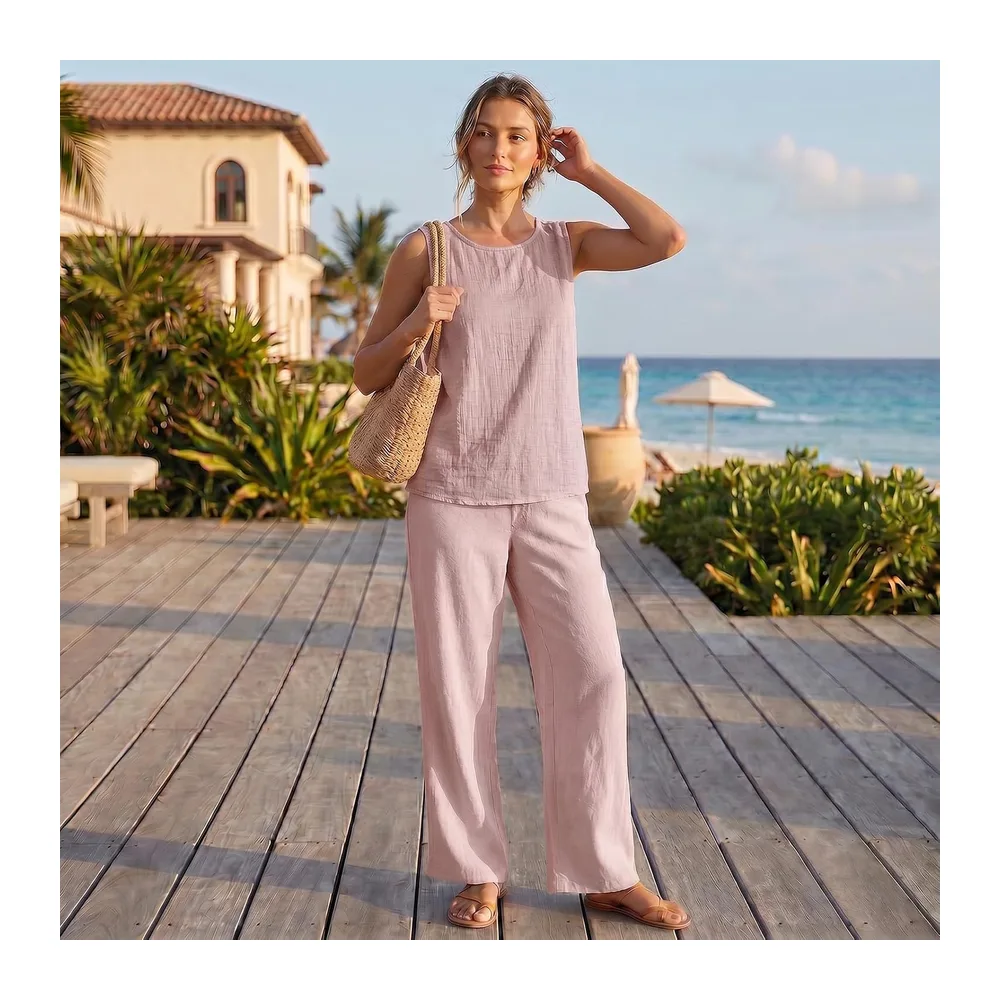 2026 Linen Tops Round Neck Linen Tank Tops Tops Vacation Beach Tops Sleeveless Tops — Rose