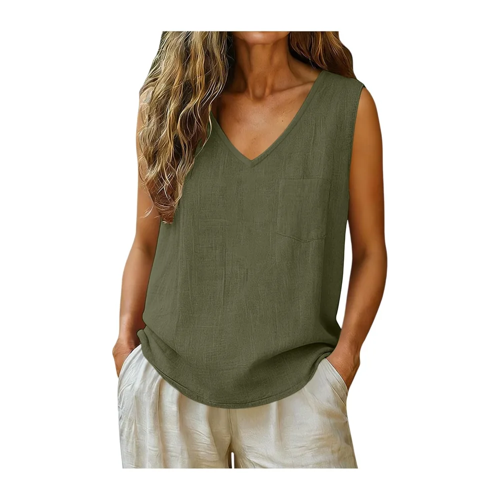 Top Cotton and Linen Breathable Tank Top V Neck Tee Shirt Sleeveless Top — 01 Armée Verte