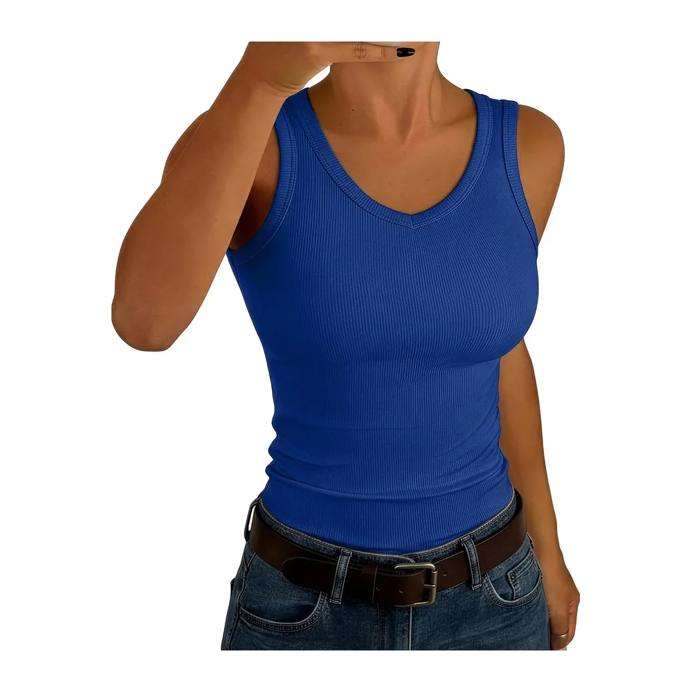 V Neck Sleeveless Ribbed Summer Tank Top Slim Plain Top — Bleu Royal