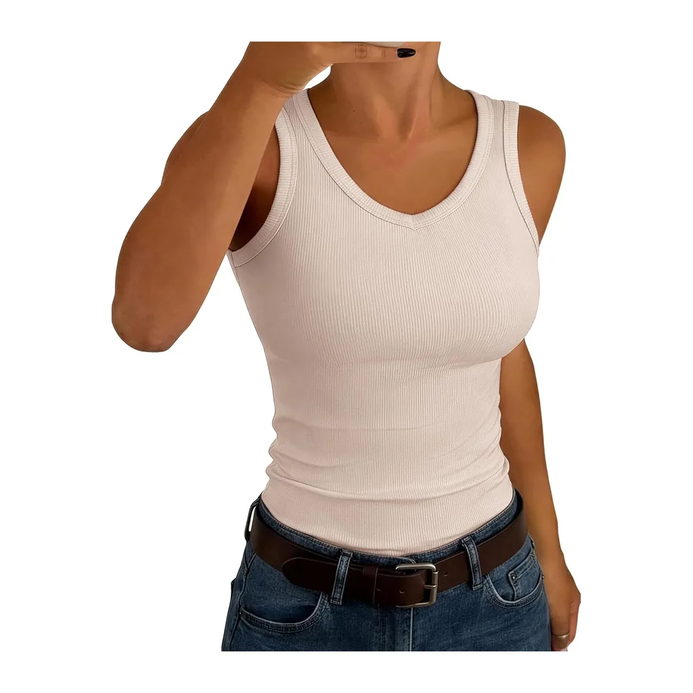 V Neck Sleeveless Ribbed Summer Tank Top Slim Plain Top — Blanc Cassé