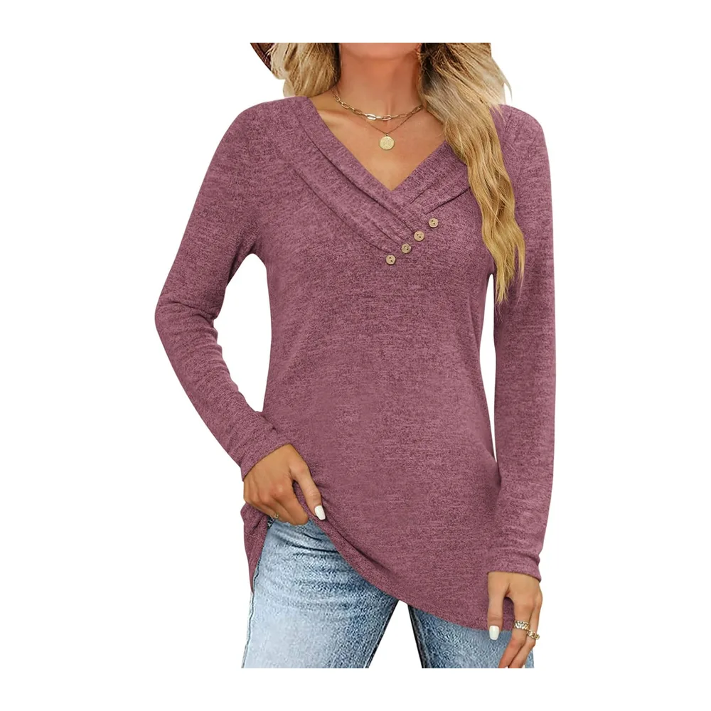 Long Sleeve T Shirt Pullover V Neck Button Down Loose Fall Tunic Tops — Rouge Bordeaux