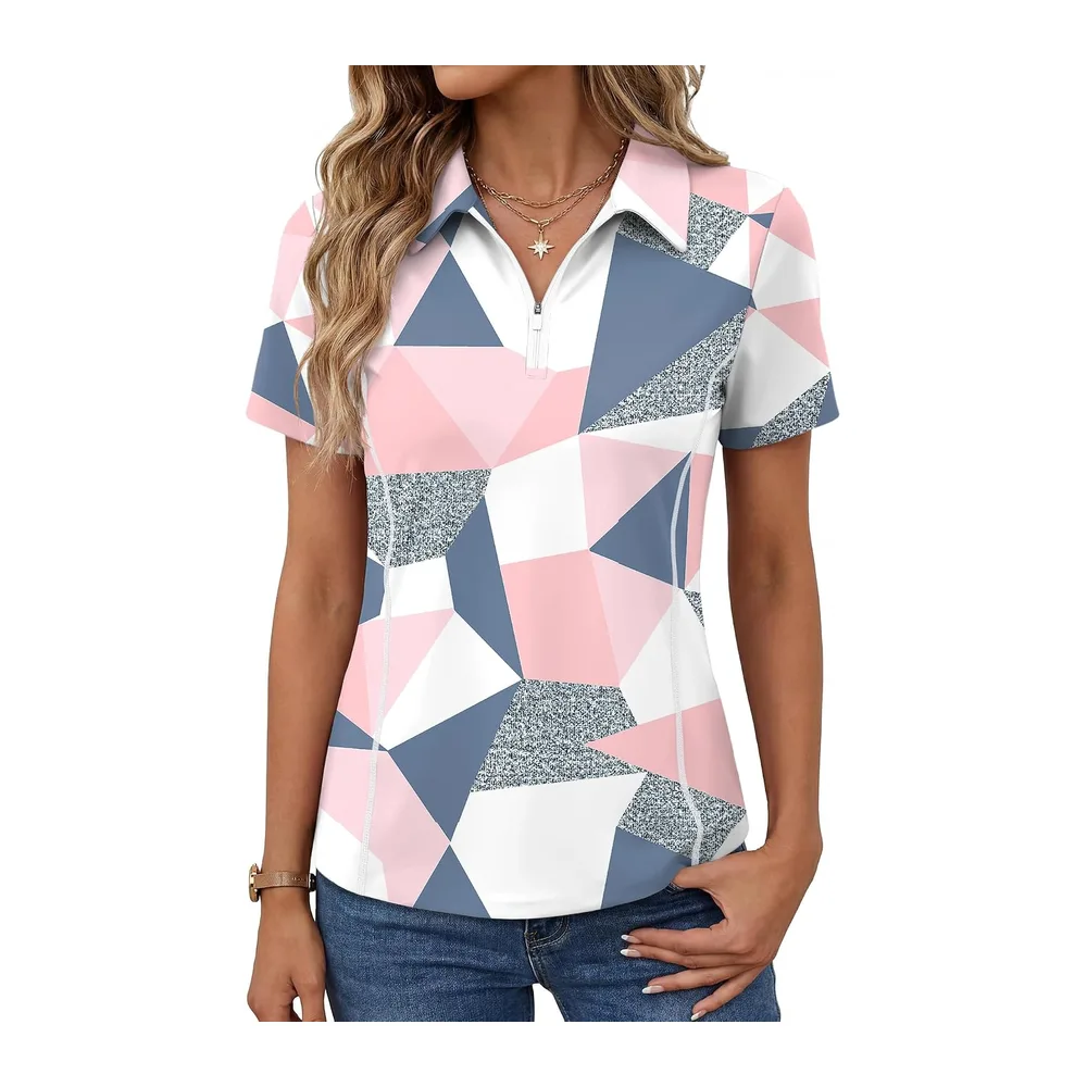 Short Sleeve Sports Polo Shirt Golf Top Tennis Workout Running 1/4 Zip — Imprimé Rose.
