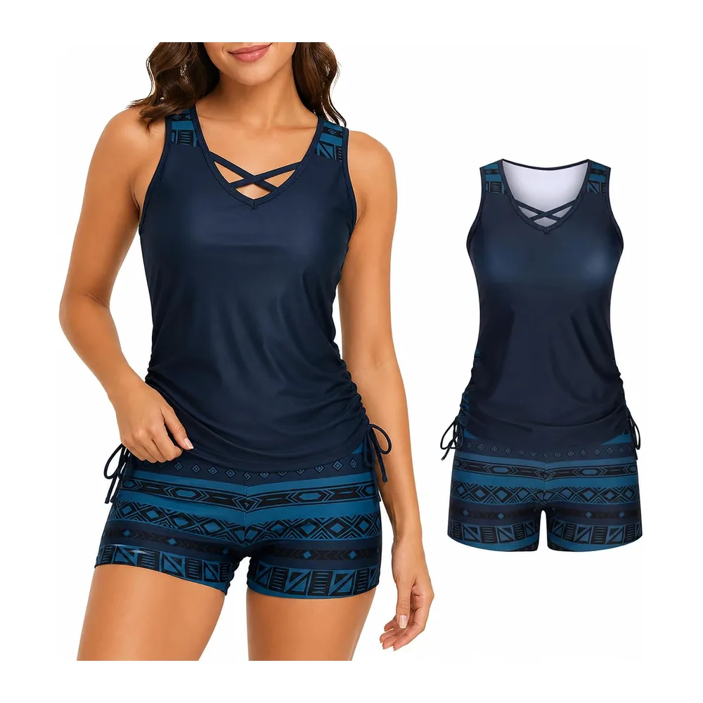 Swimsuit, Tummy Control Bathing Suit with Built-in Bra and Boyshorts — Navy Blue
