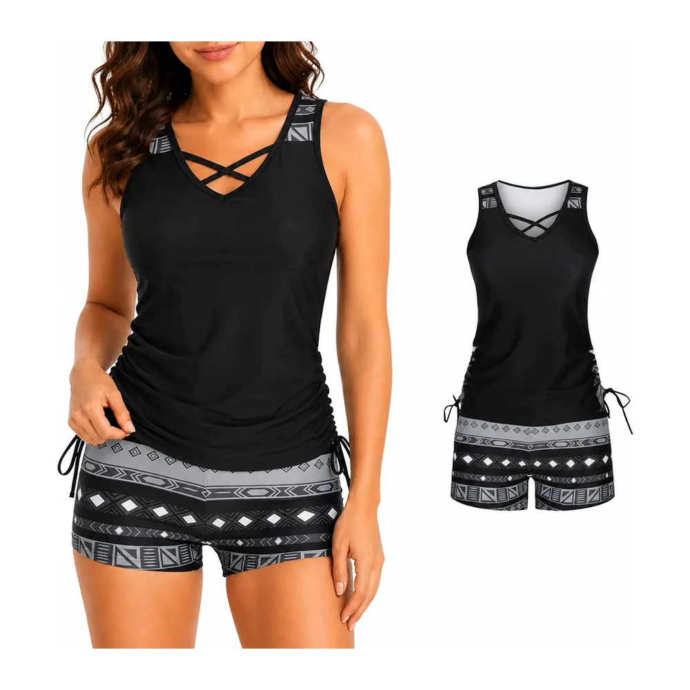 Swimsuit, Tummy Control Bathing Suit with Built-in Bra and Boyshorts — Noir