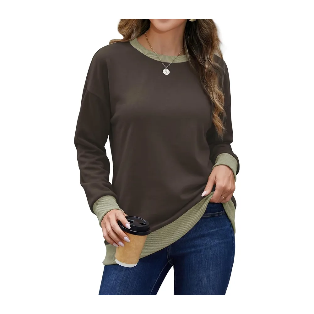 Sweat Col Rond Manches Longues Color Block Doux — Marron Café