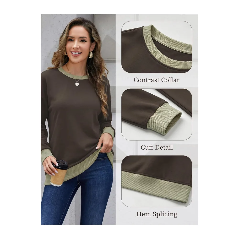 Sweat Col Rond Manches Longues Color Block Doux — Marron Café