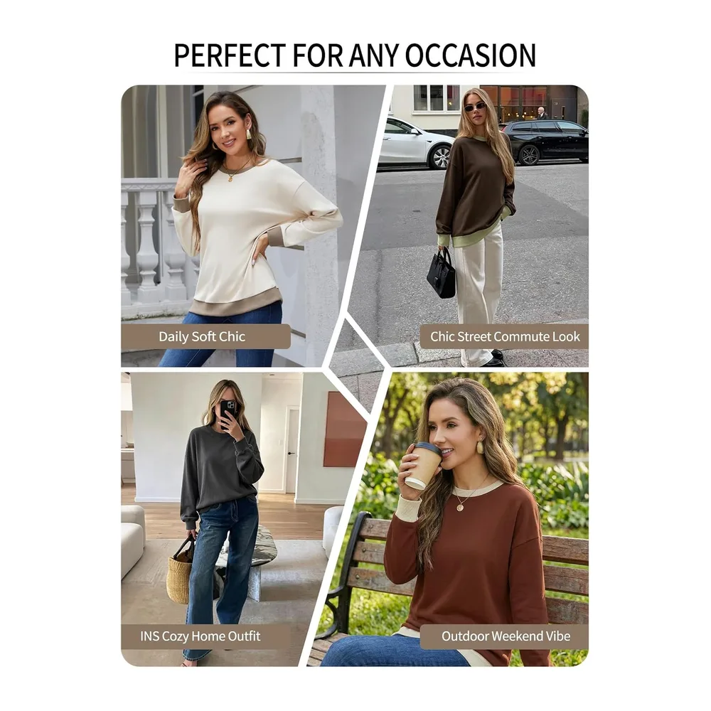 Sweat Col Rond Manches Longues Color Block Doux — Marron Café