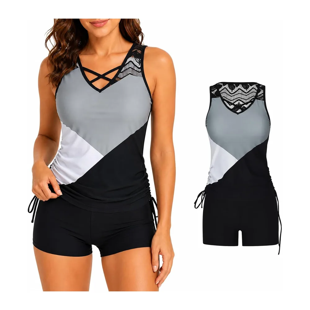 Swimsuit, Tummy Control Bathing Suit with Built-in Bra and Boyshorts — Grey Black