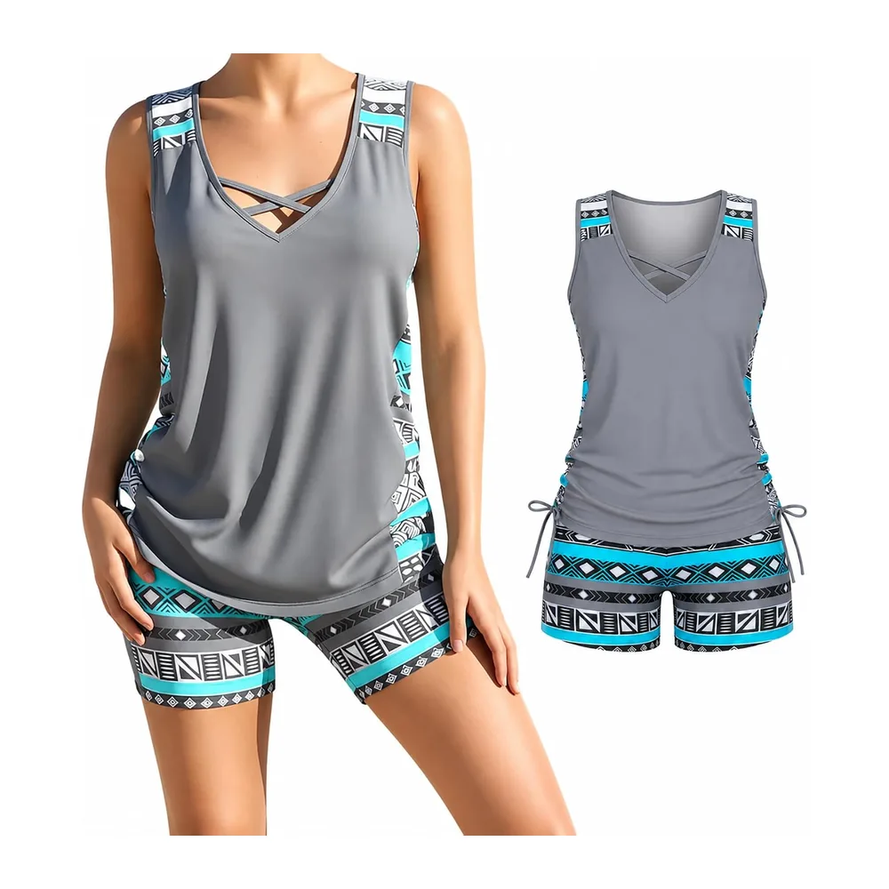 Swimsuit, Tummy Control Bathing Suit with Built-in Bra and Boyshorts — Gris