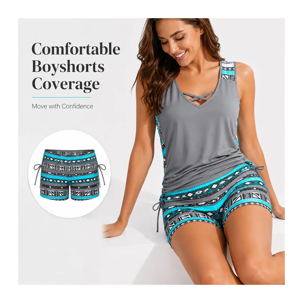 Swimsuit, Tummy Control Bathing Suit with Built-in Bra and Boyshorts — Blue Print