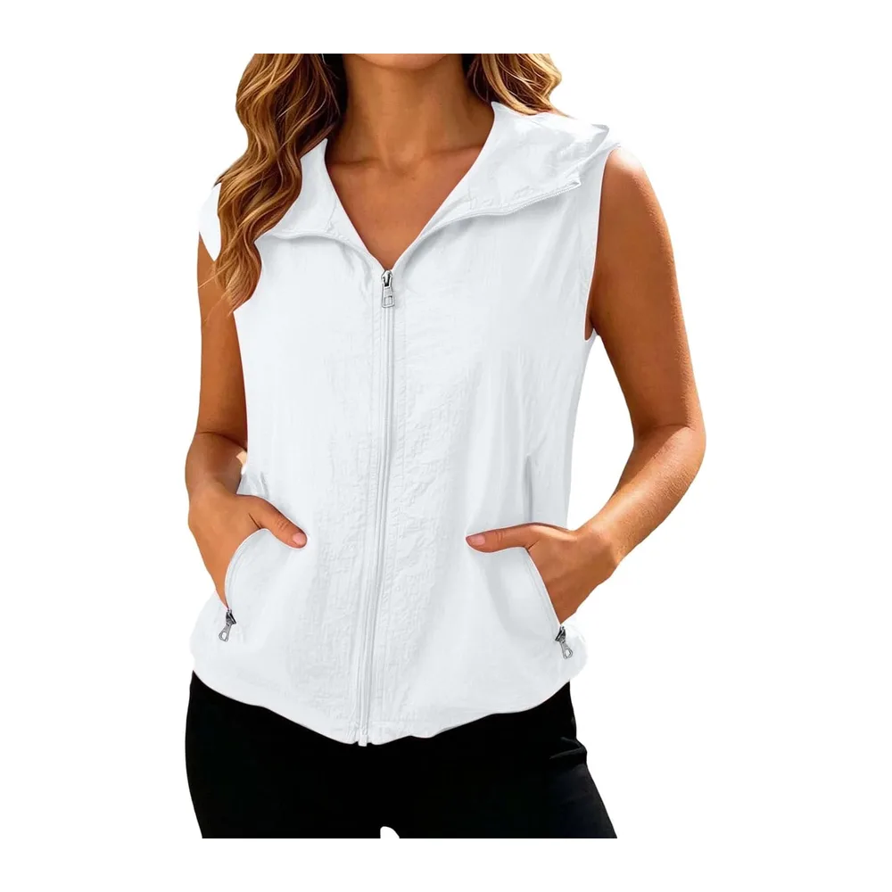 Jacket, sleeveless vest, zip jacket, hooded jacket, sports tank top — 01 Blanc