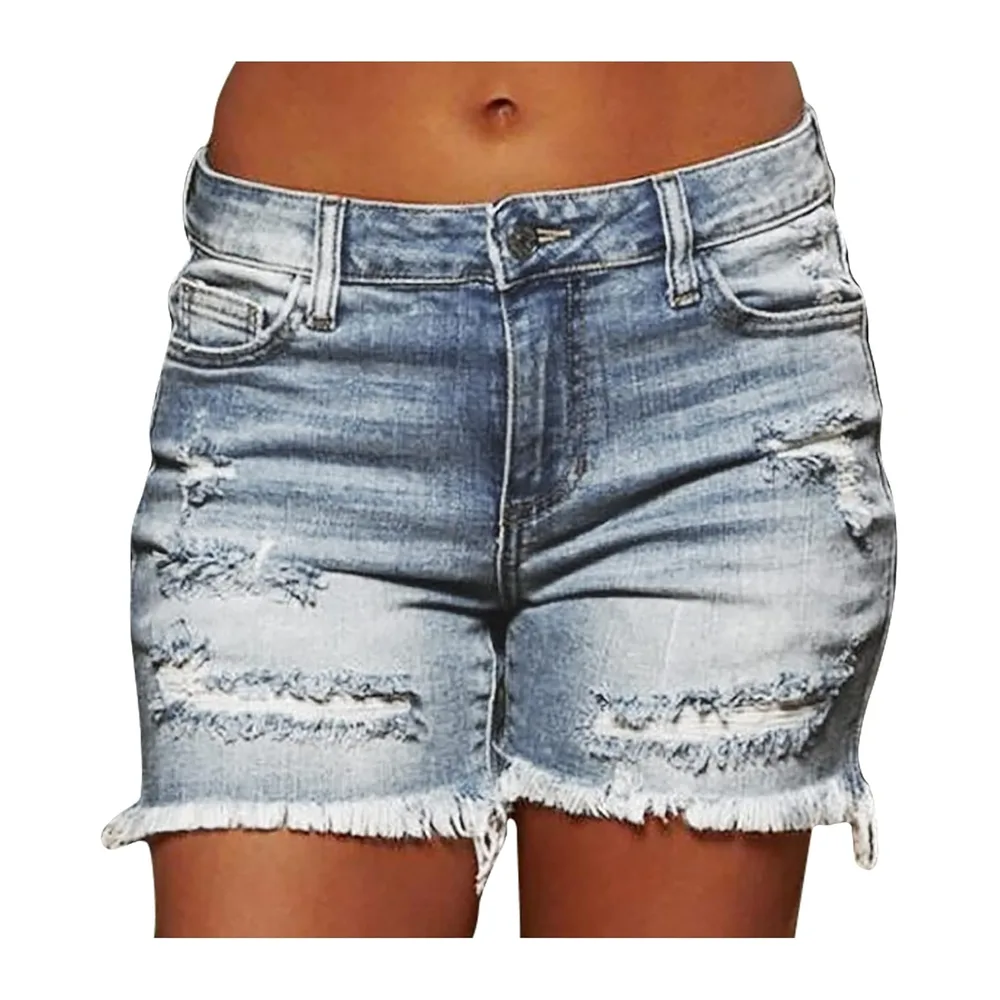 Short Jean Déchiré Taille Basse, Effet Vintage Déchiré, Franges Brutes, Coupe — 03bleu
