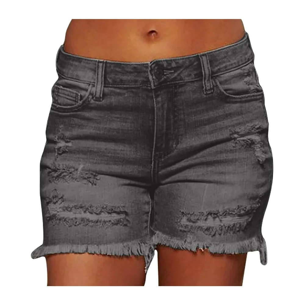 Short Jean Déchiré Taille Basse, Effet Vintage Déchiré, Franges Brutes, Coupe — 03gris