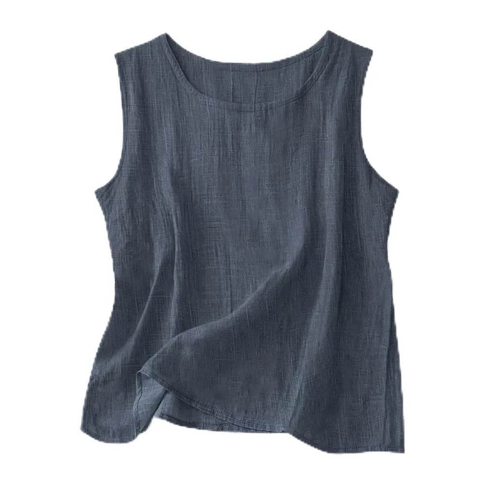 2026 Linen Tops Round Neck Linen Tank Tops Tops Vacation Beach Tops — Bleu Marine