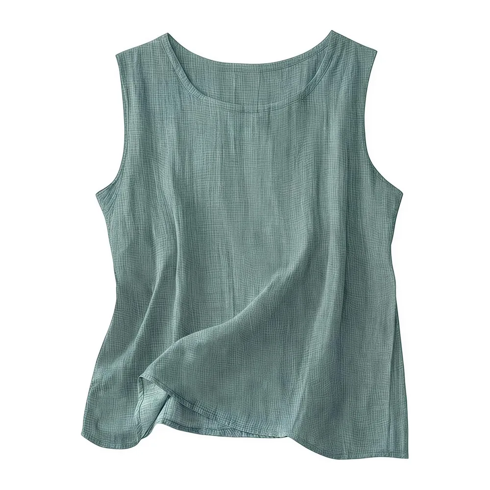 2026 Linen Tops Round Neck Linen Tank Tops Tops Vacation Beach Tops Sleeveless Tops — Vert