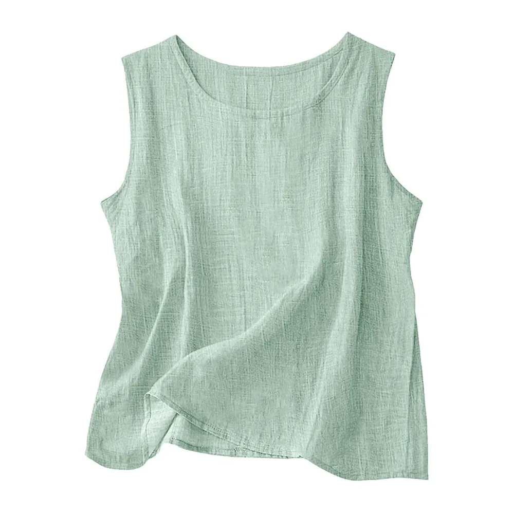 2026 Linen Tops Round Neck Linen Tank Tops Tops Vacation Beach Tops Sleeveless Tops — Aqua