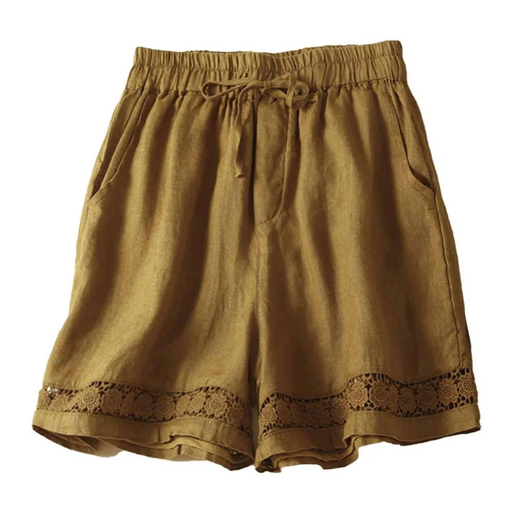 Summer Cotton Linen Solid Colour Hollow Out Shorts with Drawstring and Pockets — Jaune