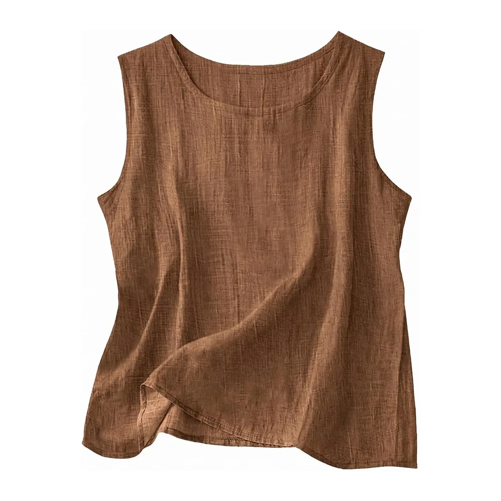 2026 Linen Tops Round Neck Linen Tank Tops Tops Vacation Beach Tops Sleeveless Tops — Café