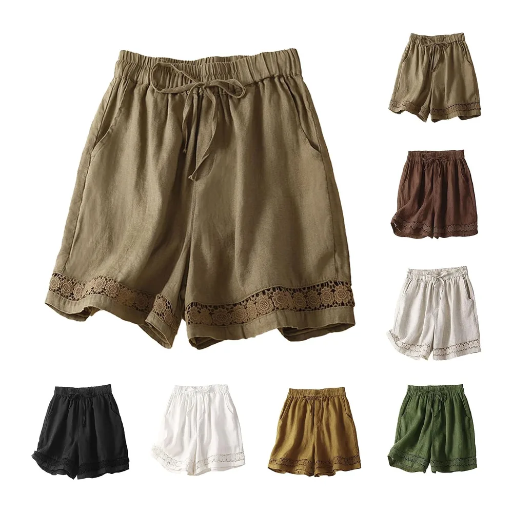 Summer Cotton Linen Solid Colour Hollow Out Shorts with Drawstring and Pockets — Kaki