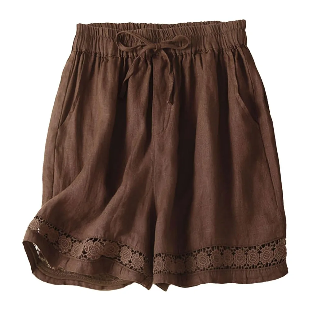 Summer Cotton Linen Solid Colour Hollow Out Shorts with Drawstring and Pockets — Brun