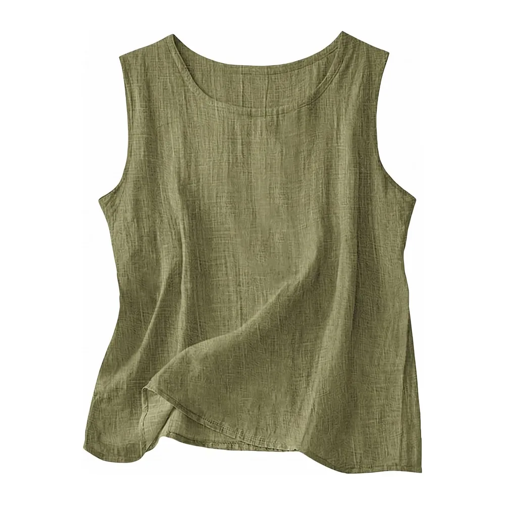 2026 Linen Tops Round Neck Linen Tank Tops Tops Vacation Beach Tops — Vert Militaire