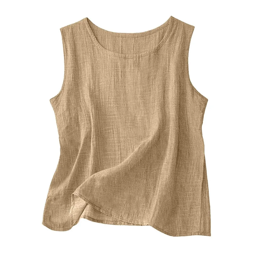 2026 Linen Tops Round Neck Linen Tank Tops Tops Vacation Beach Tops Sleeveless — Camel