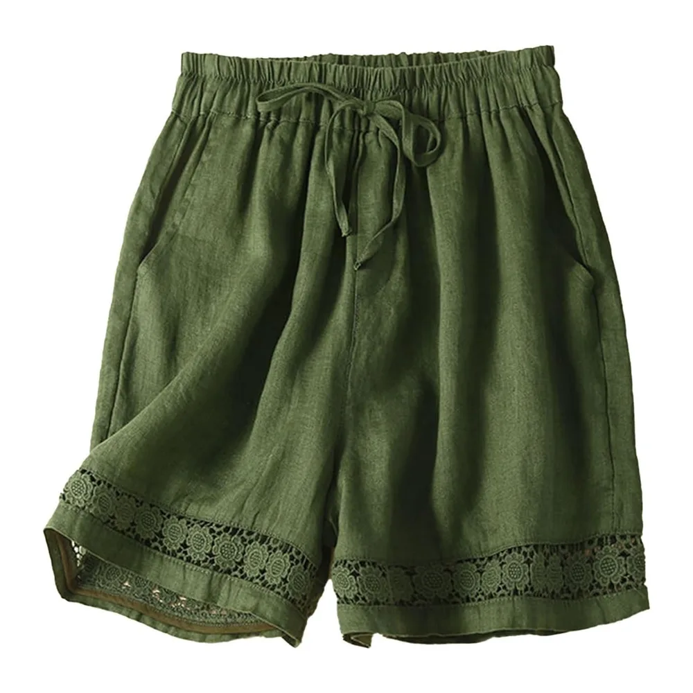 Summer Cotton Linen Solid Colour Hollow Out Shorts with Drawstring and Pockets — Vert