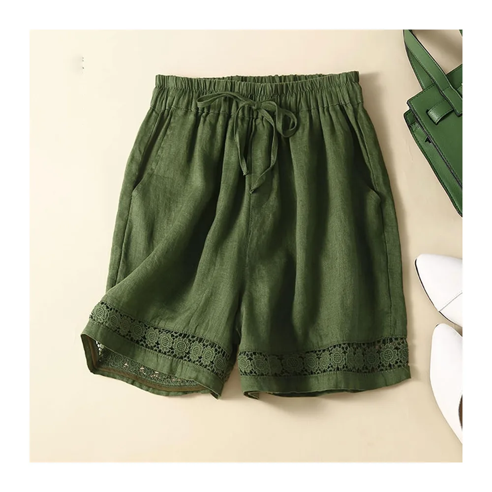 Summer Cotton Linen Solid Colour Hollow Out Shorts with Drawstring and Pockets — Vert