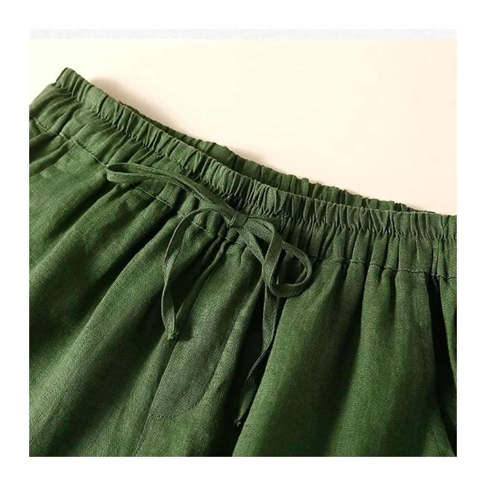Summer Cotton Linen Solid Colour Hollow Out Shorts with Drawstring and Pockets — Vert
