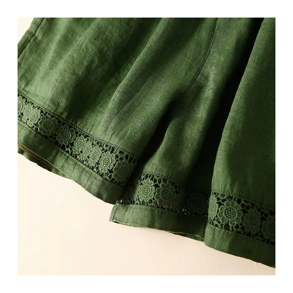 Summer Cotton Linen Solid Colour Hollow Out Shorts with Drawstring and Pockets — Vert