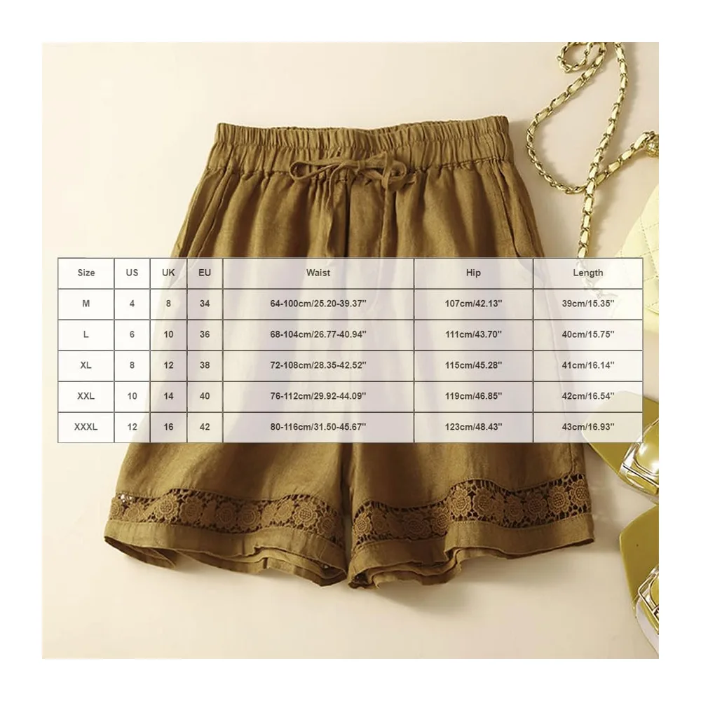 Summer Cotton Linen Solid Colour Hollow Out Shorts with Drawstring and Pockets — Vert